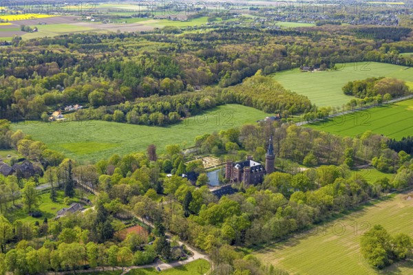 Aerial view, Museum Schloss Moyland, neo-Gothic moated castle and castle park surrounded by meadows