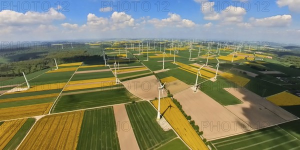 Aerial view, wind farm and wind farm, wind turbine, wind turbines and tiled meadows and fields near