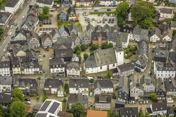 Aerial view, protestant town church and church square in the town centre with historic