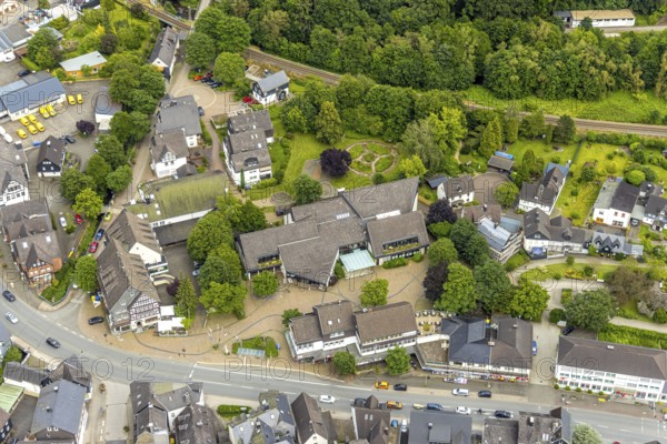 Aerial view, Mushroom Museum at Wilhelmsplatz, gardens and railway line, Bad Laasphe,