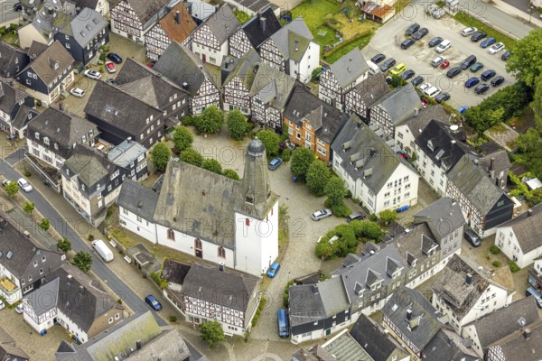 Aerial view, protestant town church and church square in the town centre with historic