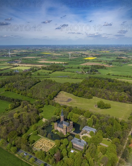 Aerial view, Museum Schloss Moyland, neo-Gothic moated castle and castle park surrounded by meadows