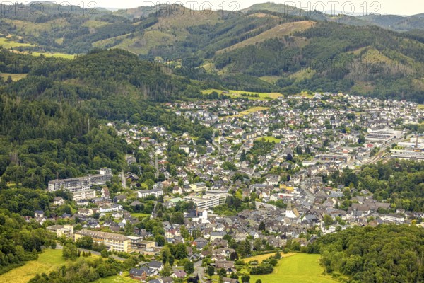 Aerial view, local view and residential area, hilly landscape of Waldeck, forest area with forest