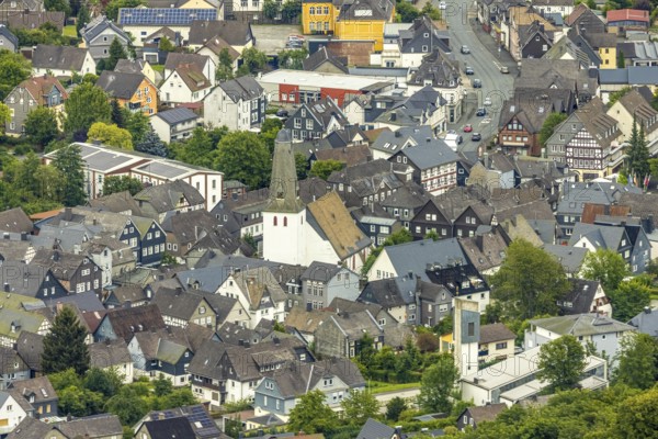 Aerial view, evang. Town church and church square in the town centre with historic half-timbered