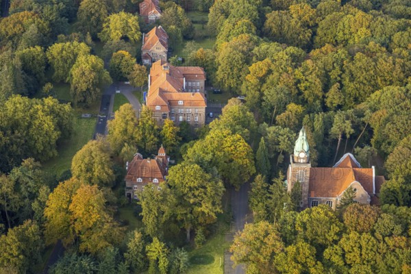 Aerial view, LVR Clinic, LVR Clinic Church, Hau, Bedburg-Hau, Lower Rhine, North Rhine-Westphalia,