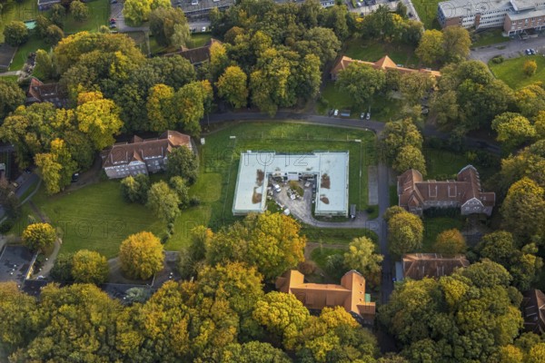 Aerial view, LVR Clinic, construction site clinic building southern circular route, autumnal trees,