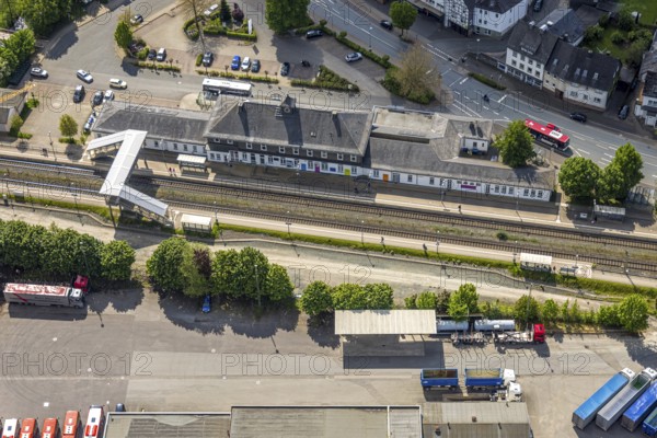 Aerial view, Bestwig railway station, Deutsche Bahn AG, construction site with construction crane,