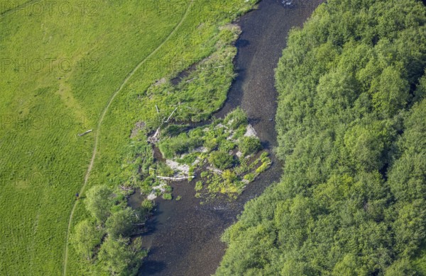 Aerial view, nature reserve Ruhrauen near Bestwig, river Ruhr and stones with grass bushes,
