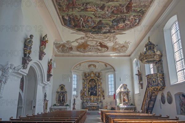 Interior of the Roman Catholic parish church of the Assumption of the Virgin Mary with ceiling