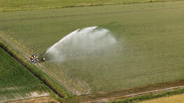 Sprinkler irrigation system watering soybean crops with fine mist in a lush green field during a
