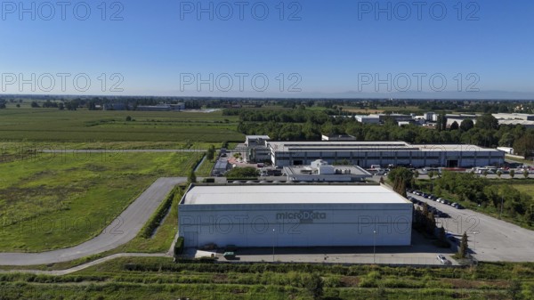 Cremona, Italy - August 22nd 2025 Aerial View of a Modern Data Center Facility with Cooling Towers