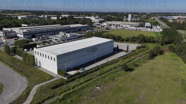 Cremona, Italy August 22nd 2025 Aerial shot revealing modern data center facility, highlighting