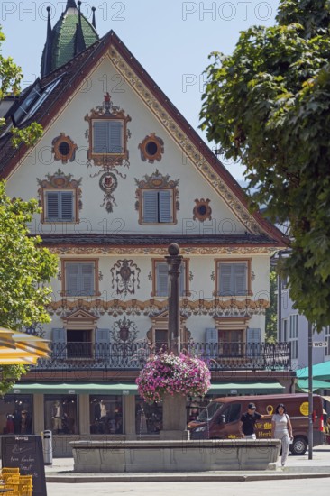 The Steinhauser or Johann Luger House on the market square with fountain, Dornbirn, Vorarlberg,