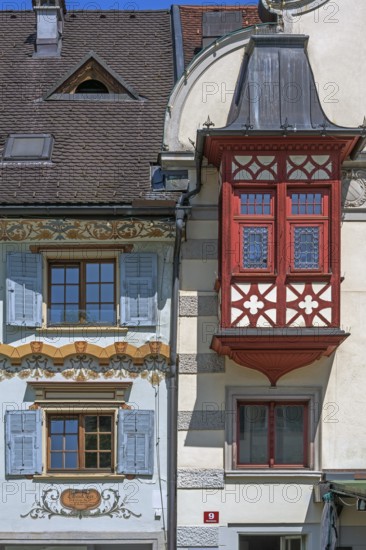 Detail with bay window, the Steinhauser or Johann Luger House on the market square, Dornbirn,