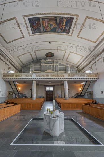 The Roman Catholic parish church of St Martin, interior with organ loft, Behmann organ, ceiling