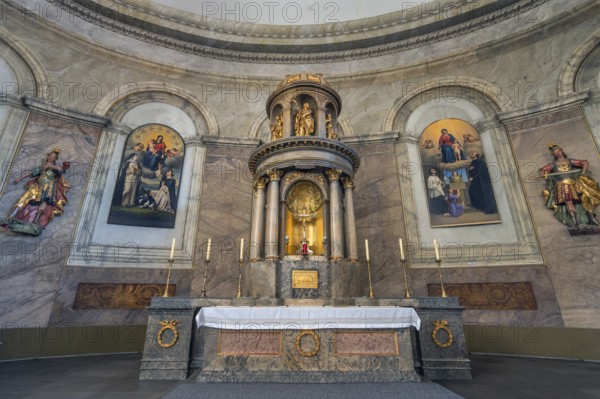 The Roman Catholic parish church of St Martin, interior with altar and wall frescoes, Dornbirn,