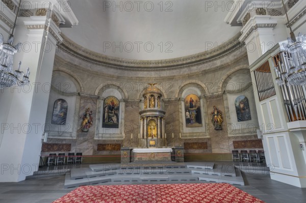 The Roman Catholic parish church of St Martin, interior with altar and wall frescoes, Dornbirn,