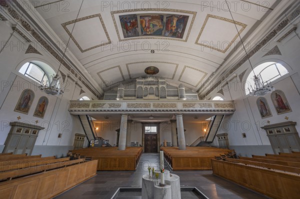 The Roman Catholic parish church of St Martin, interior with organ loft, Behmann organ, ceiling