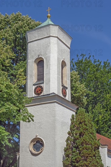 Tower of the cemetery chapel with clock, tower enlargement from 1839, Catholic cemetery, Kempten,