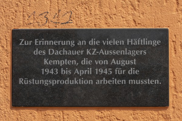 Memorial plaque on the facade of the Allgäuhalle, in memory of Jewish forced labourers, Kempten,