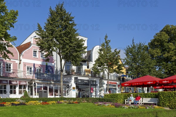 Houses on the Alter Strom, flowers, trees, parasols, Warnemünde, Rostock, Mecklenburg-Vorpommern,