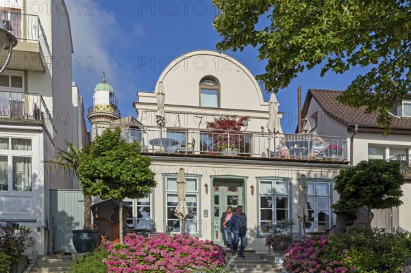 Houses at the Alter Strom, lighthouse, flowers, trees, Warnemünde, Rostock, Mecklenburg-Western