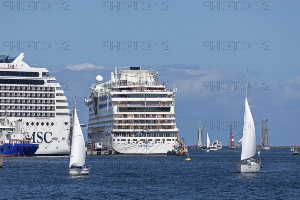 Cruise ships MSC Poesia and Aida mar in the harbour, sailing boats, Hanse-Sail, Unterwarnow,