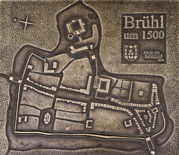 Relief of the historic town around 1500, fortification, rampart, moat, late Middle Ages, church,