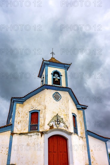 Perspective of the facade of a historic baroque church in the city of Mariana in Minas Gerais,