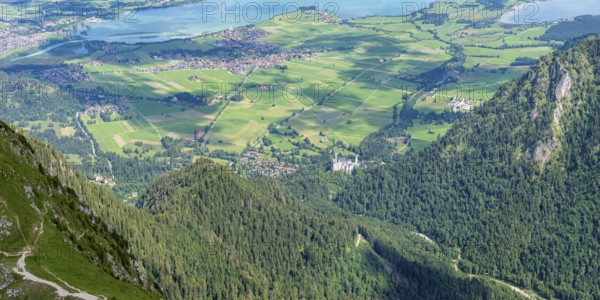 Panorama from the Säuling, 2047m, to Neuschwanstein Castle, Füssen, Schwangau, Sankt Coloman and