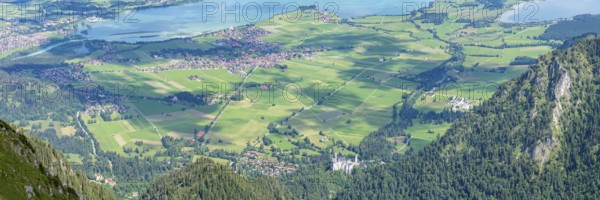 Panorama from the Säuling, 2047m, to Neuschwanstein Castle, Füssen, Schwangau, Sankt Coloman and
