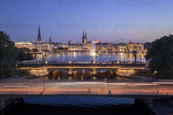 Aerial view of the Outer Alster and Inner Alster with Kennedy Bridge, Alster Fountain,