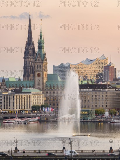 Aerial view of the Inner Alster with Kennedy Bridge, Alster Fountain, Jungfernstieg, City Hall and