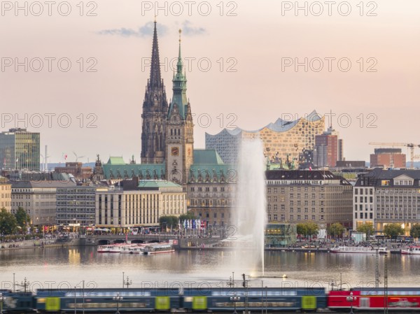 Aerial view of the Inner Alster with Kennedy Bridge, Alster Fountain, Jungfernstieg, City Hall and
