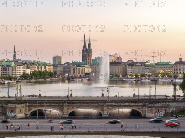 Aerial view of the Outer Alster and Inner Alster with Kennedy Bridge, Alster Fountain,