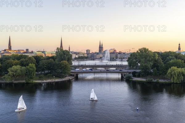 Aerial view of the Outer Alster and Inner Alster with sailing ships, Kennedy Bridge, Alster