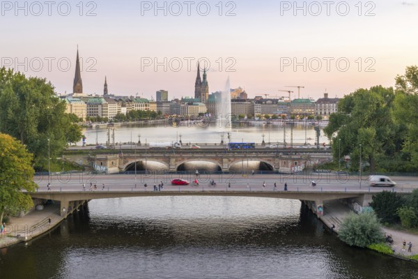 Aerial view of the Outer Alster and Inner Alster with Kennedy Bridge, Alster Fountain,