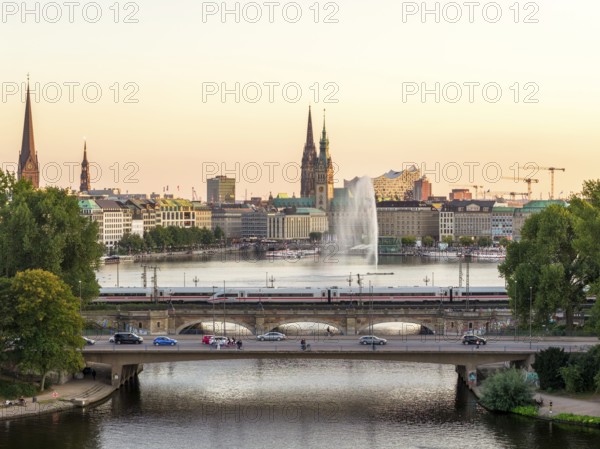 Aerial view of the Outer Alster and Inner Alster with Kennedy Bridge, Alster Fountain,