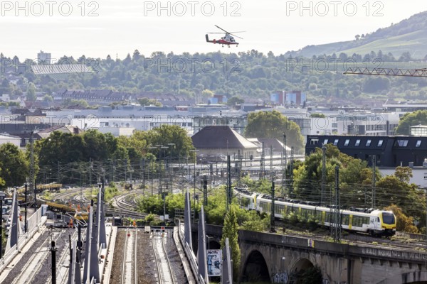 Track construction from the air. At Bad Cannstatt railway station, a transport helicopter