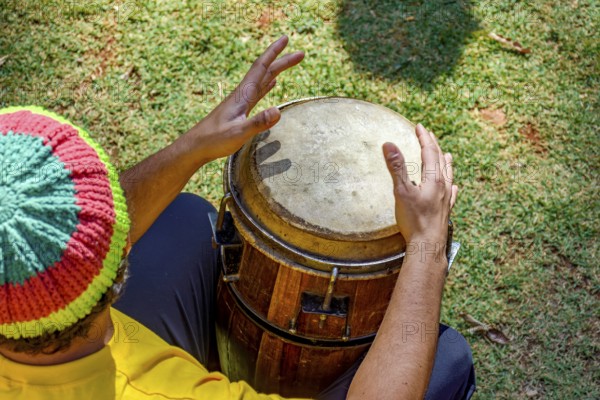Rustic wooden drum called atabaque used in various cultural manifestations in Brazil, Minas Gerais,