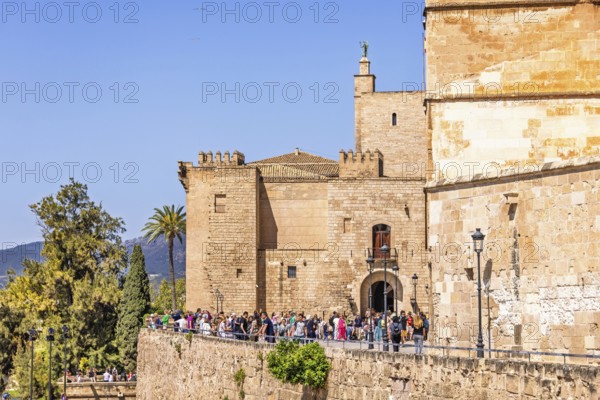 Lot of tourists waiting on the terrace outside the Palma cathedral, Palma de Mallorca, Mallorca,