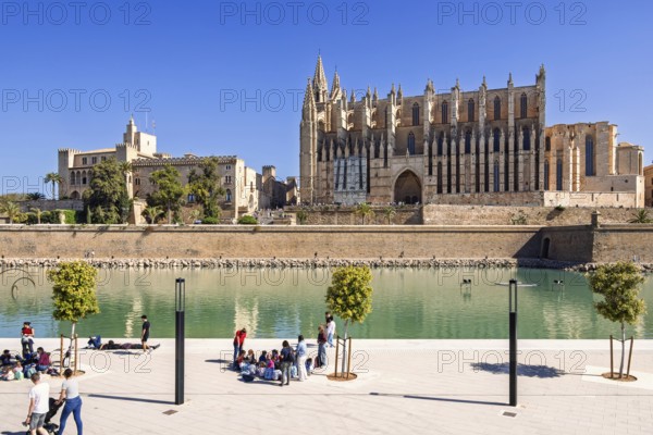View at Palma cathedral and people by the water pond in the Parque del mar, Palma de Mallorca,