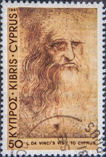 Leonardo da Vinci (1452-1519) was an Italian universal genius. Portrait on a Cypriot postage stamp