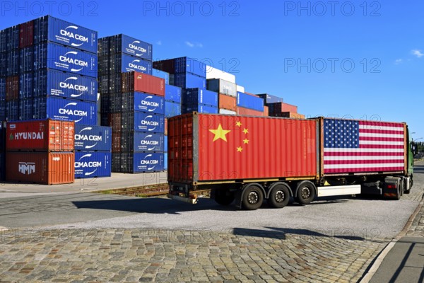 Container with USA and China flag on a lorry, stacked containers in the background, customs dispute