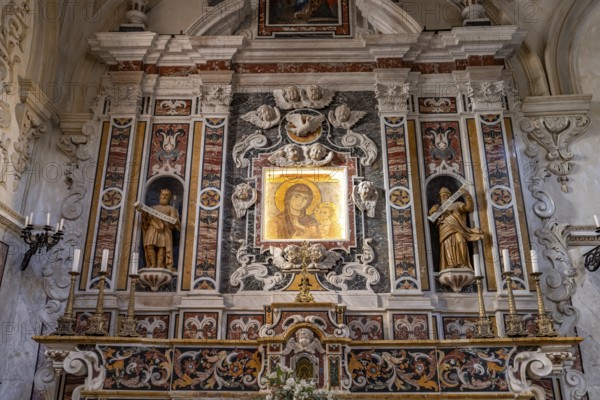 Altar with the fresco of the Madonna della Bruna in Matera Cathedral, Basilicata, Italy