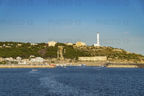 Town view with harbour and lighthouse in Santa Maria di Leuca, Apulia, Italy