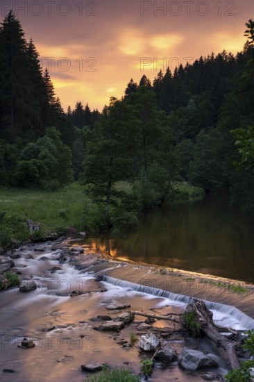 Landscape in the Black Forest, river Wutach near the Schattenmühle. Long exposure. Sunset. Wutach