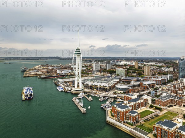 Portsmouth Harbour over Spinnaker Tower from a drone, Portsmouth, Gosport, England, United Kingdom