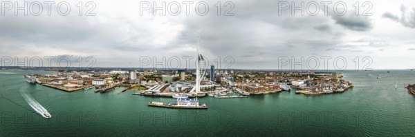 Panorama of Portsmouth Harbour over Spinnaker Tower from a drone, Portsmouth, Gosport, England,