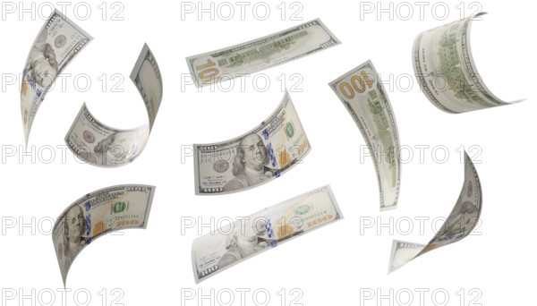 Build your own 3 (of 3) - randomly falling collection of U.S. 100 dollar bills isolated on a white